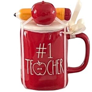 🆕- Rae Dunn- #1 Teacher with Pencil and Apple Topper Ceramic Mug